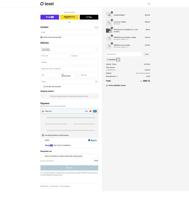 Level checkout page showing Level discount code box | Screenshot taken by SimplyCodes community member on Feb 24, 2025