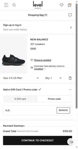 Level Shoes coupon verification screenshot