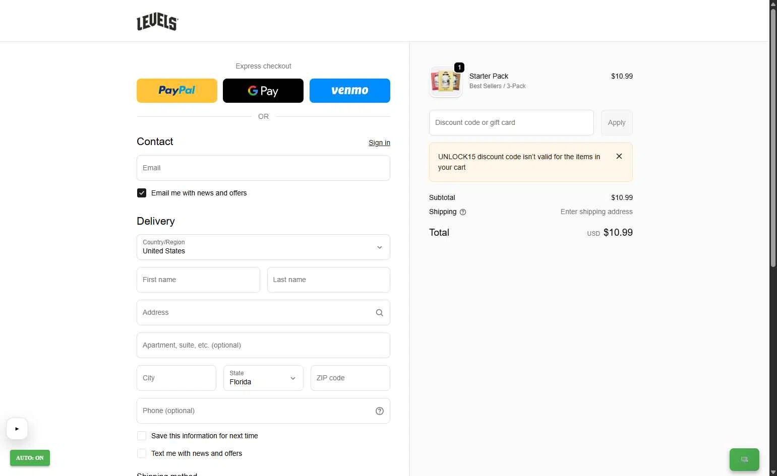 Levels Supplements checkout page showing Levels Supplements promo code box | Screenshot taken by SimplyCodes community member on Feb 3, 2026