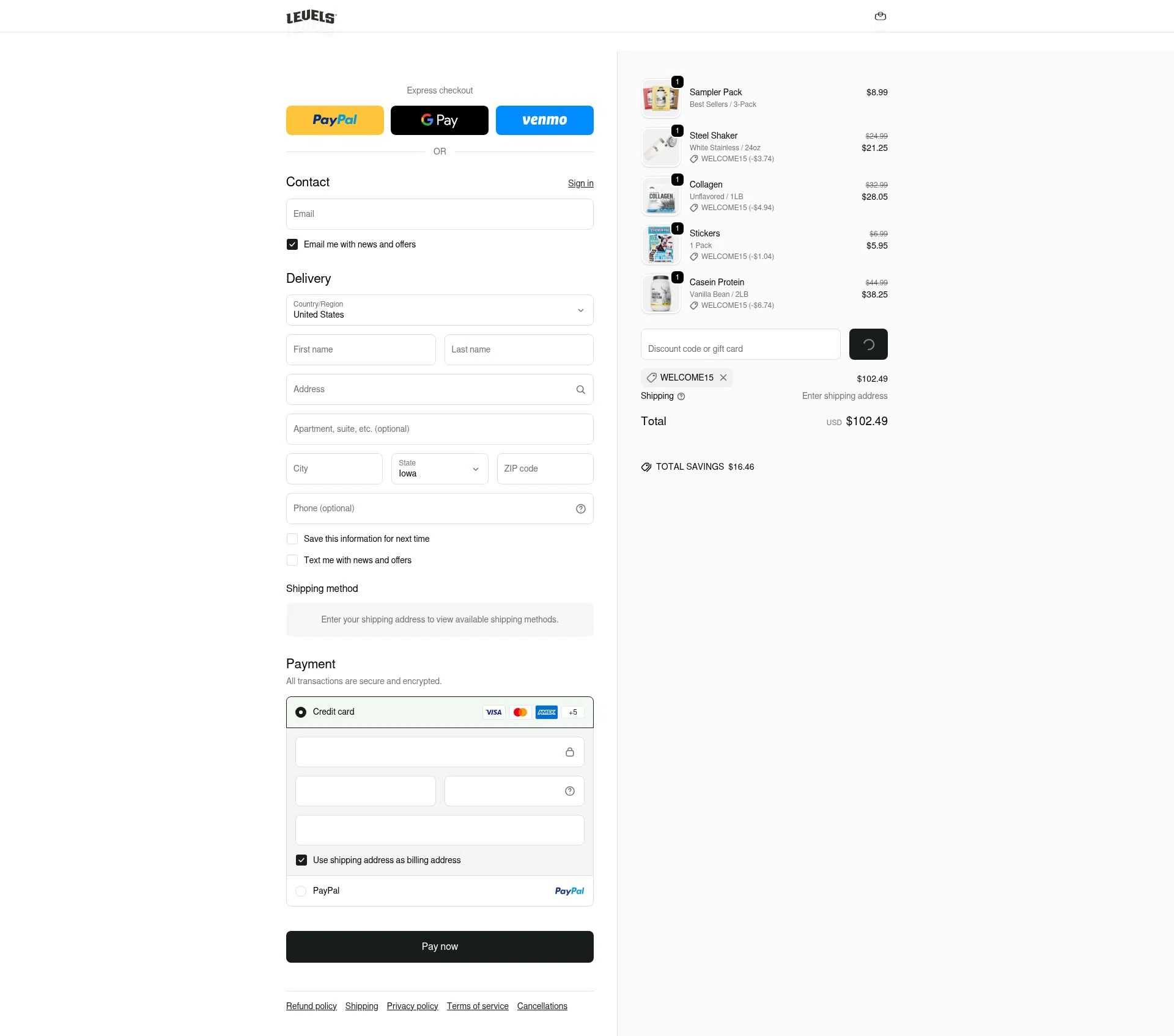 Levels Supplements checkout page showing Levels Supplements promo code box | Screenshot taken by SimplyCodes community member on Jan 26, 2026