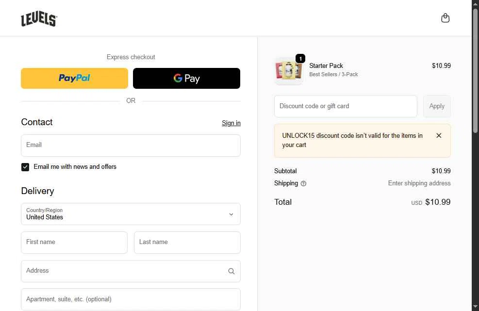 Levels Supplements checkout page showing Levels Supplements promo code box | Screenshot taken by SimplyCodes community member on Feb 8, 2026
