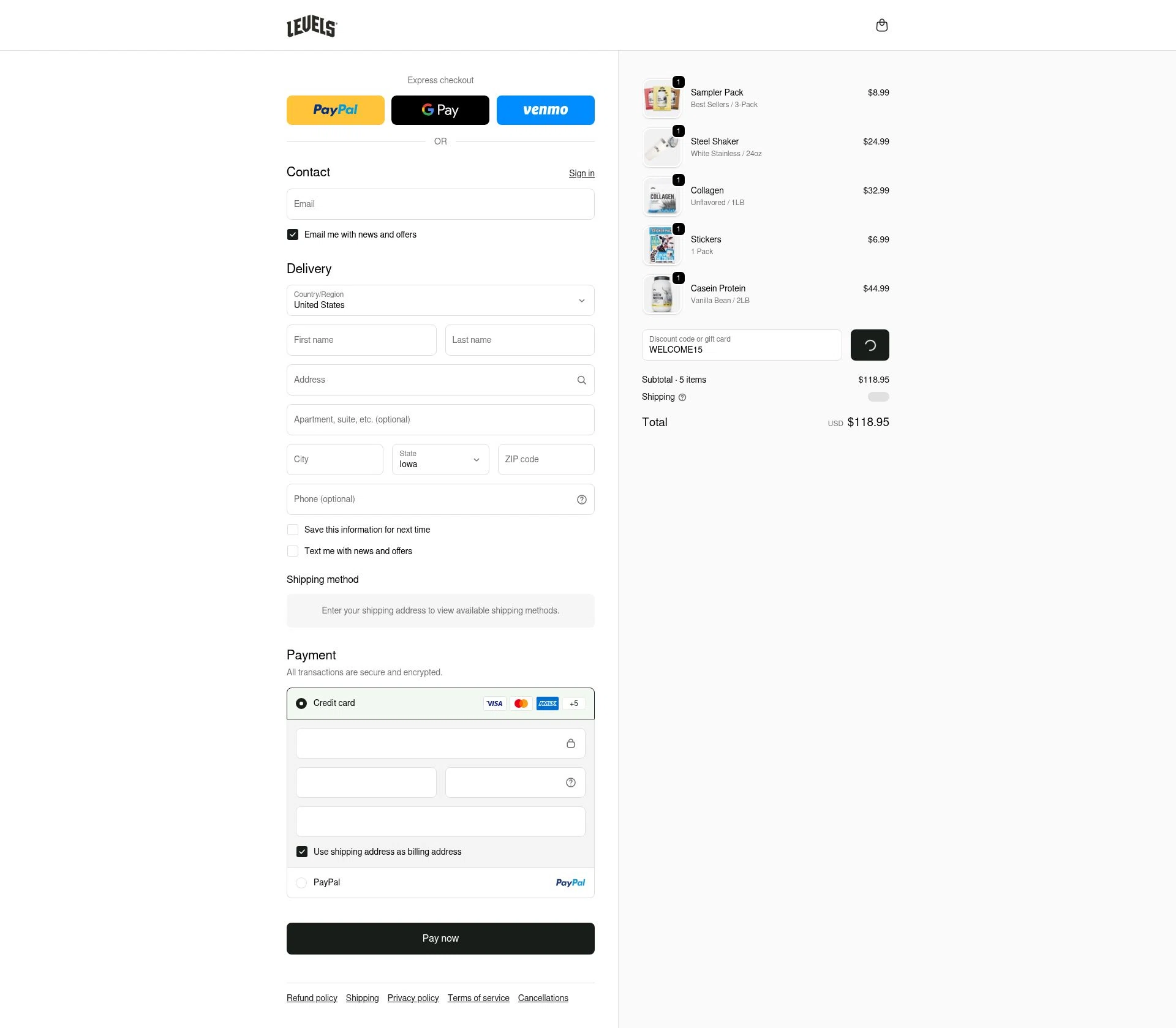 Levels Supplements checkout page showing Levels Supplements promo code box | Screenshot taken by SimplyCodes community member on Jan 31, 2026