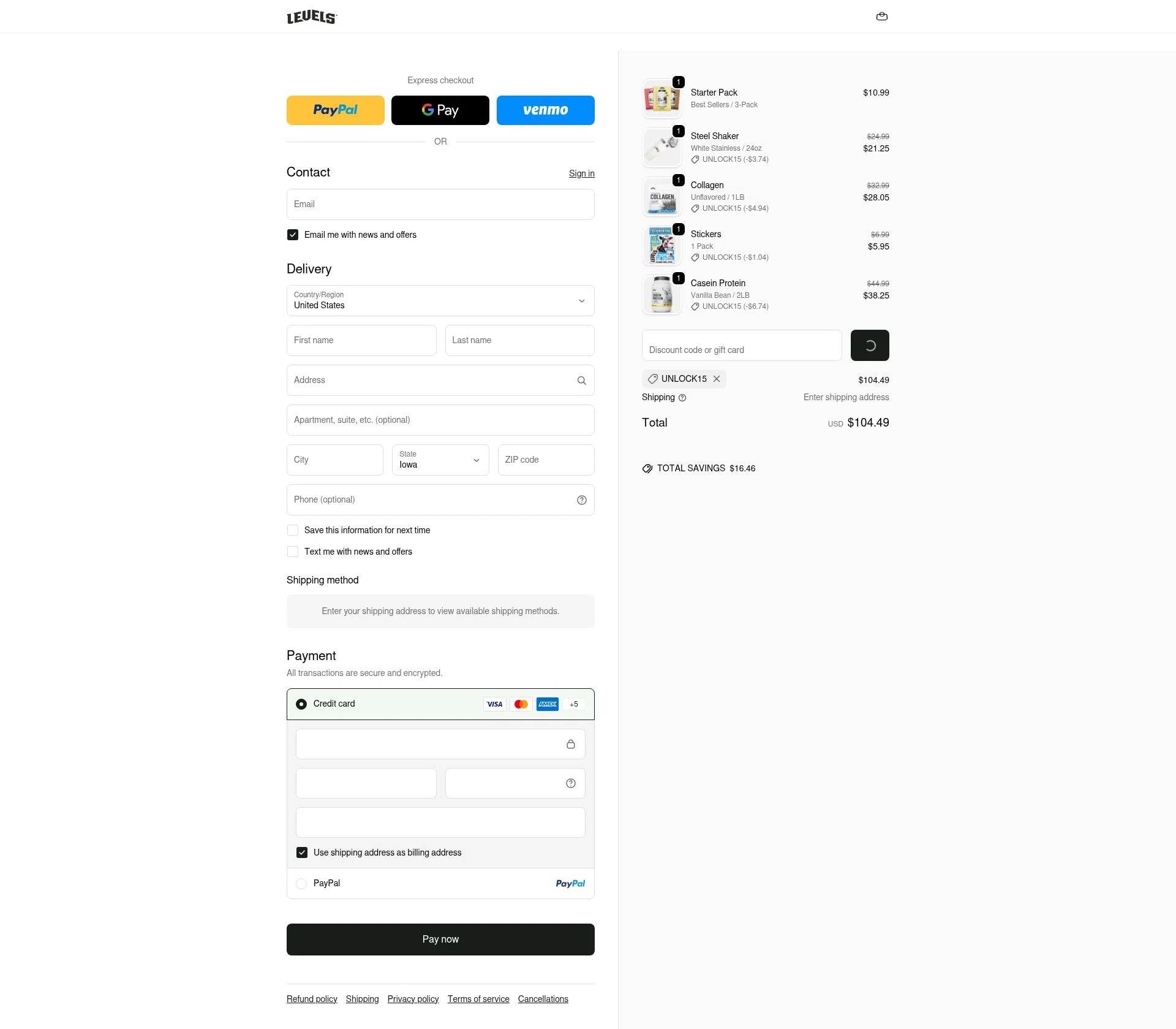 Levels Supplements checkout page showing Levels Supplements promo code box | Screenshot taken by SimplyCodes community member on Feb 4, 2026
