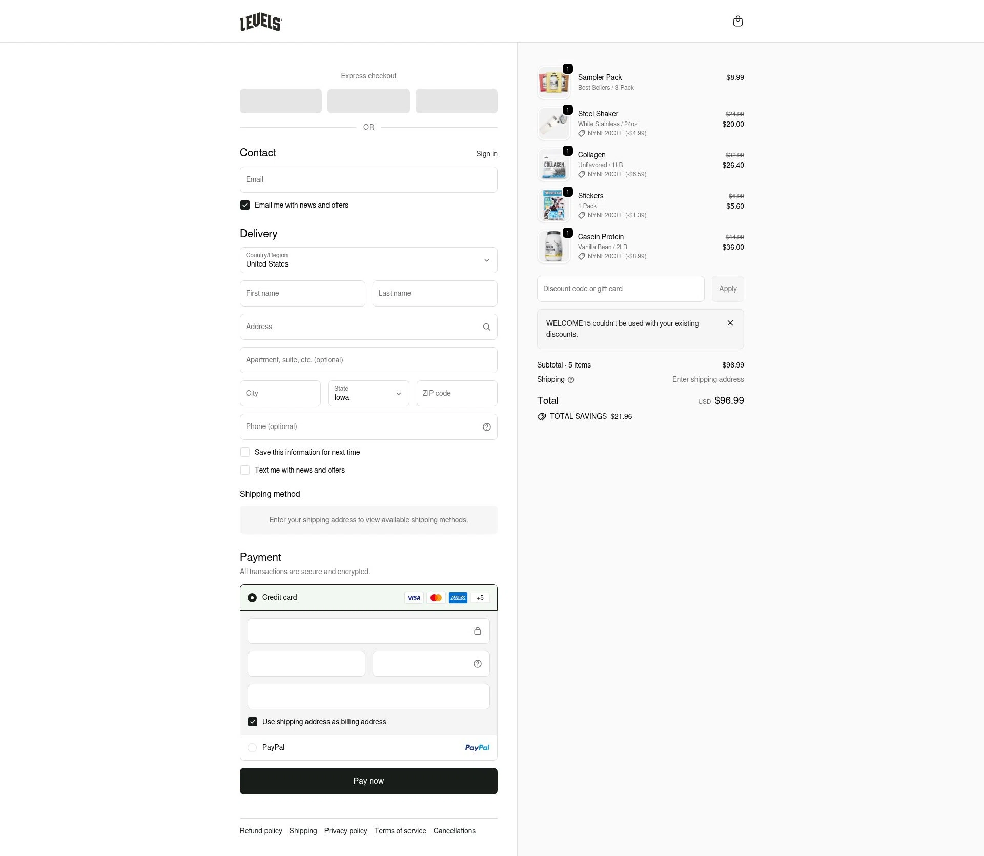 Levels Supplements checkout page showing Levels Supplements promo code box | Screenshot taken by SimplyCodes community member on Jan 17, 2026