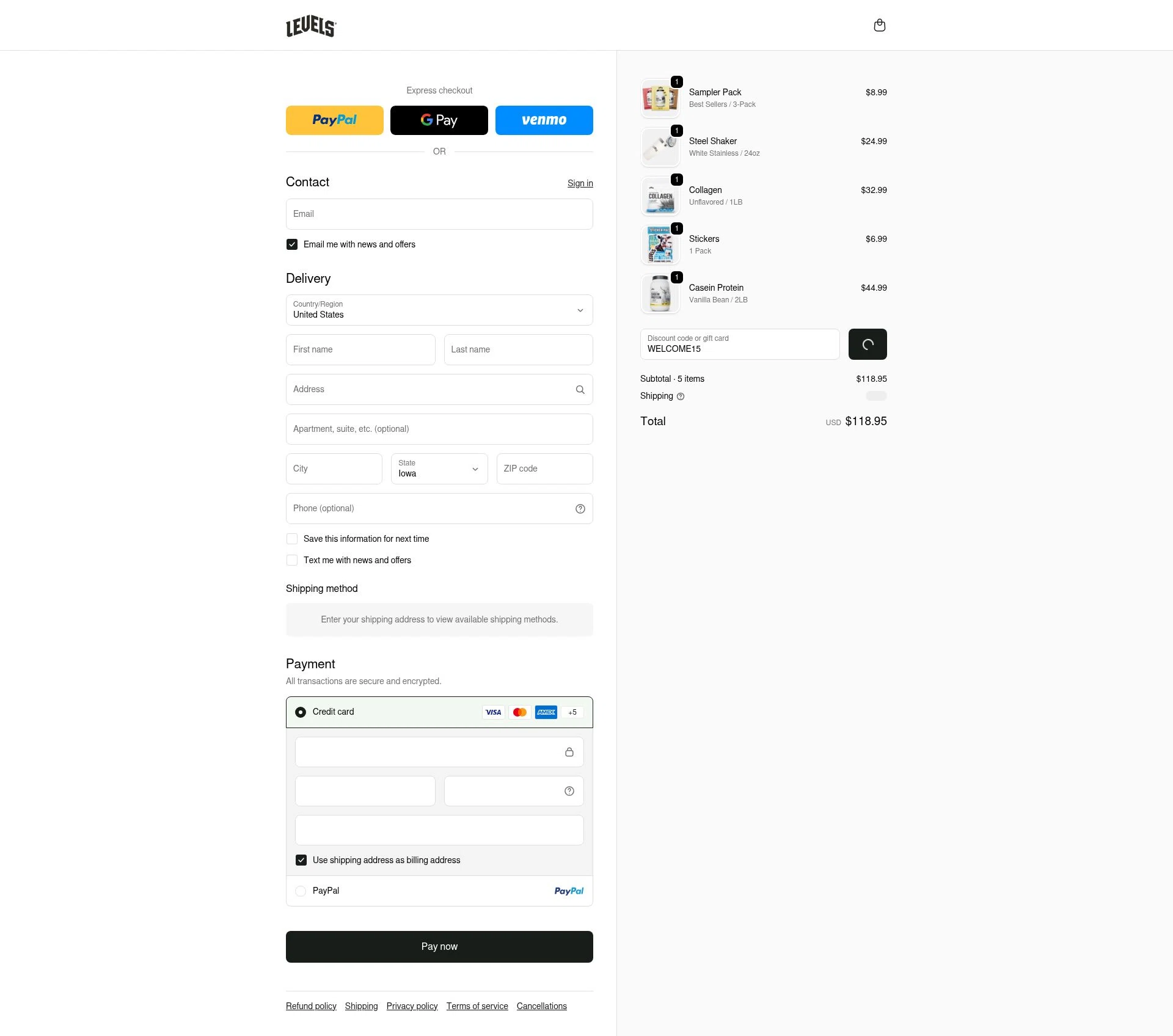 Levels Supplements checkout page showing Levels Supplements promo code box | Screenshot taken by SimplyCodes community member on Jan 22, 2026