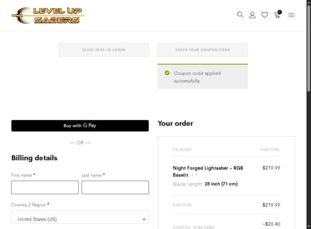 Level Up Lightsaber checkout page showing Level Up Lightsaber promo code box | Screenshot taken by SimplyCodes community member on Sep 7, 2025