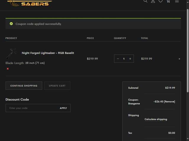 Level Up Lightsaber checkout page showing Level Up Lightsaber promo code box | Screenshot taken by SimplyCodes community member on Aug 9, 2025