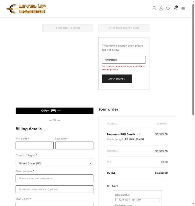 Level Up Lightsaber checkout page showing Level Up Lightsaber promo code box | Screenshot taken by SimplyCodes community member on Sep 3, 2025