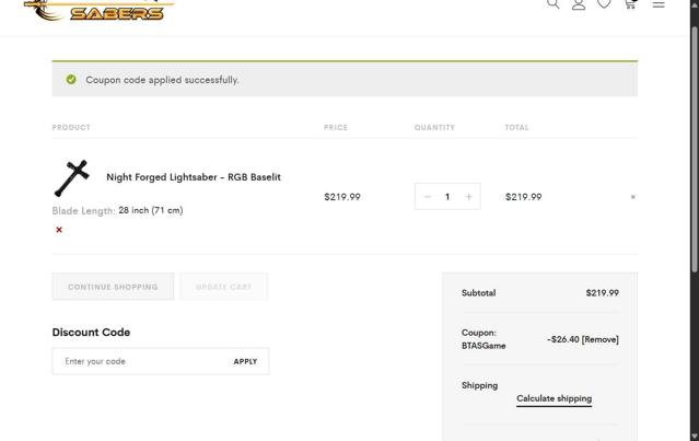 Level Up Lightsaber checkout page showing Level Up Lightsaber promo code box | Screenshot taken by SimplyCodes community member on Jun 12, 2025