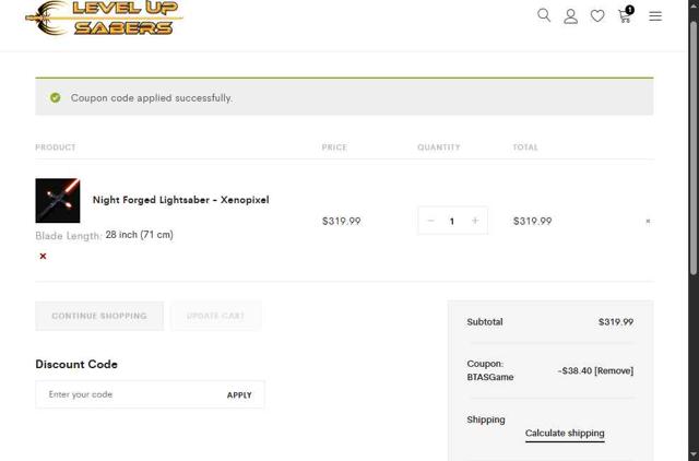 Level Up Lightsaber checkout page showing Level Up Lightsaber promo code box | Screenshot taken by SimplyCodes community member on Jun 12, 2025