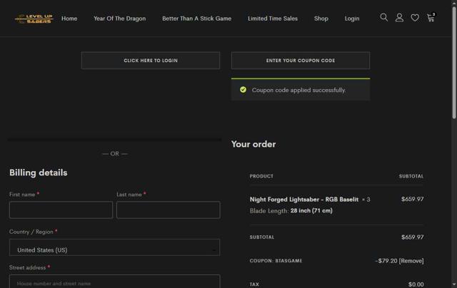 Level Up Lightsaber checkout page showing Level Up Lightsaber promo code box | Screenshot taken by SimplyCodes community member on Jun 12, 2025