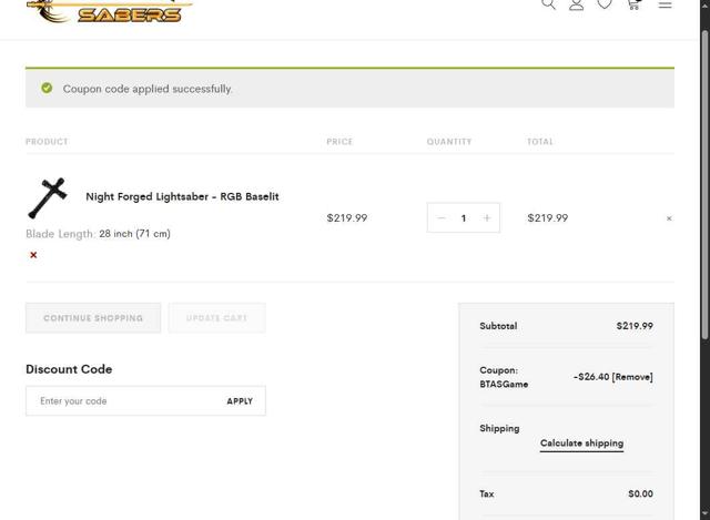 Level Up Lightsaber checkout page showing Level Up Lightsaber promo code box | Screenshot taken by SimplyCodes community member on Jul 11, 2025