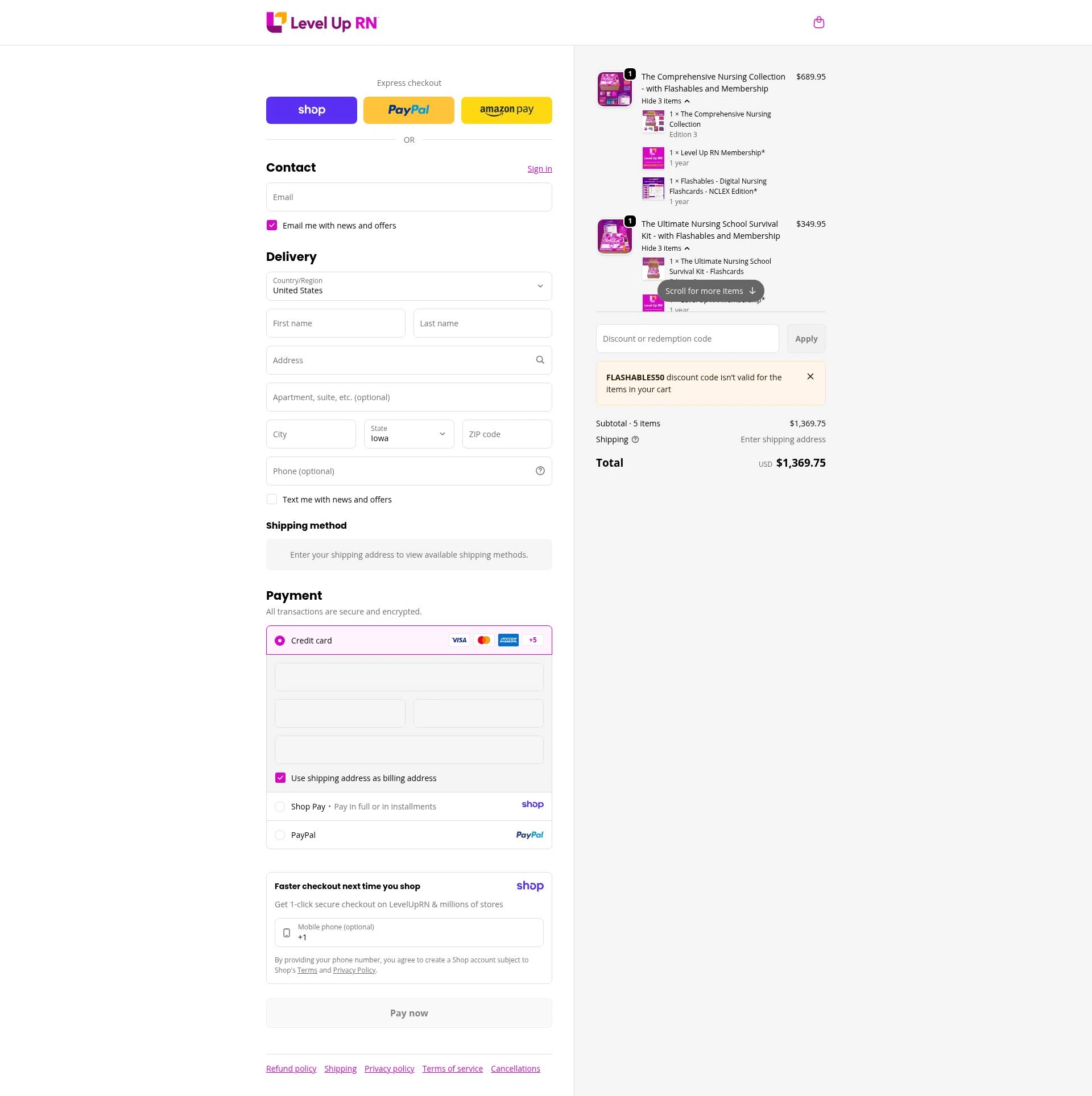 Level Up RN checkout page showing Level Up RN discount code box | Screenshot taken by SimplyCodes community member on Jan 17, 2026
