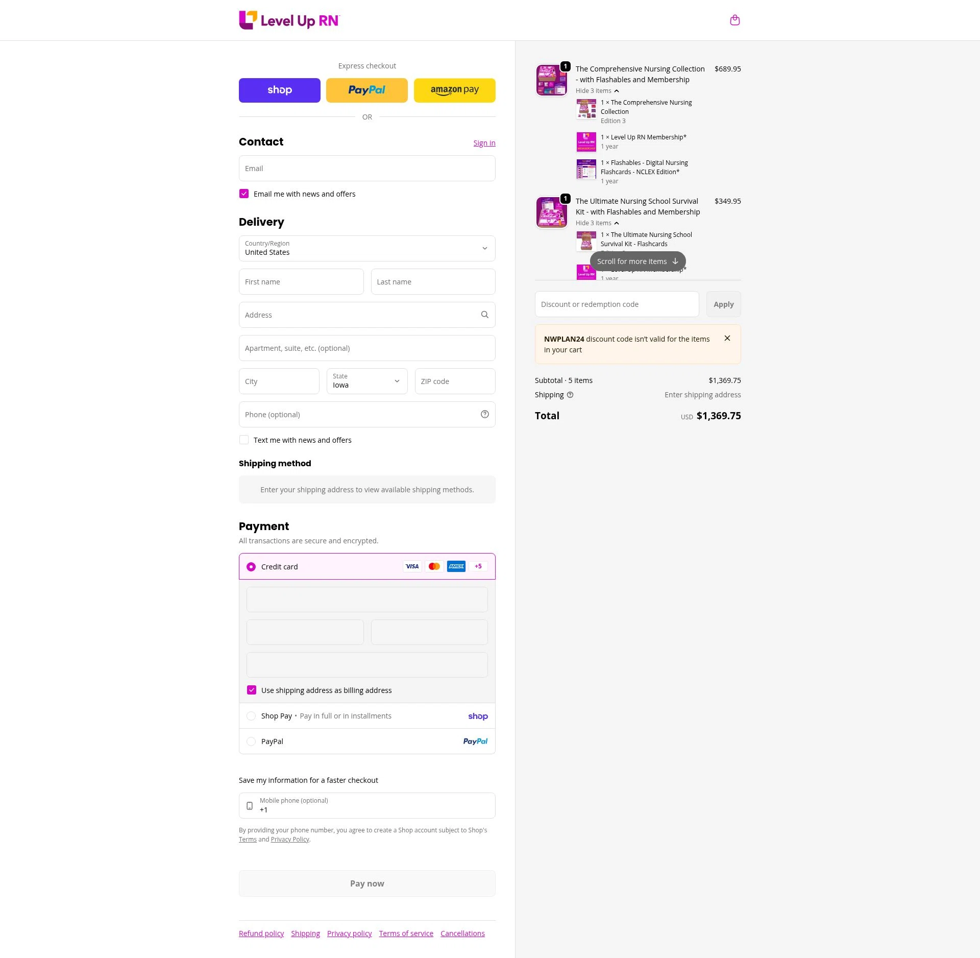 Level Up RN checkout page showing Level Up RN discount code box | Screenshot taken by SimplyCodes community member on Feb 4, 2026