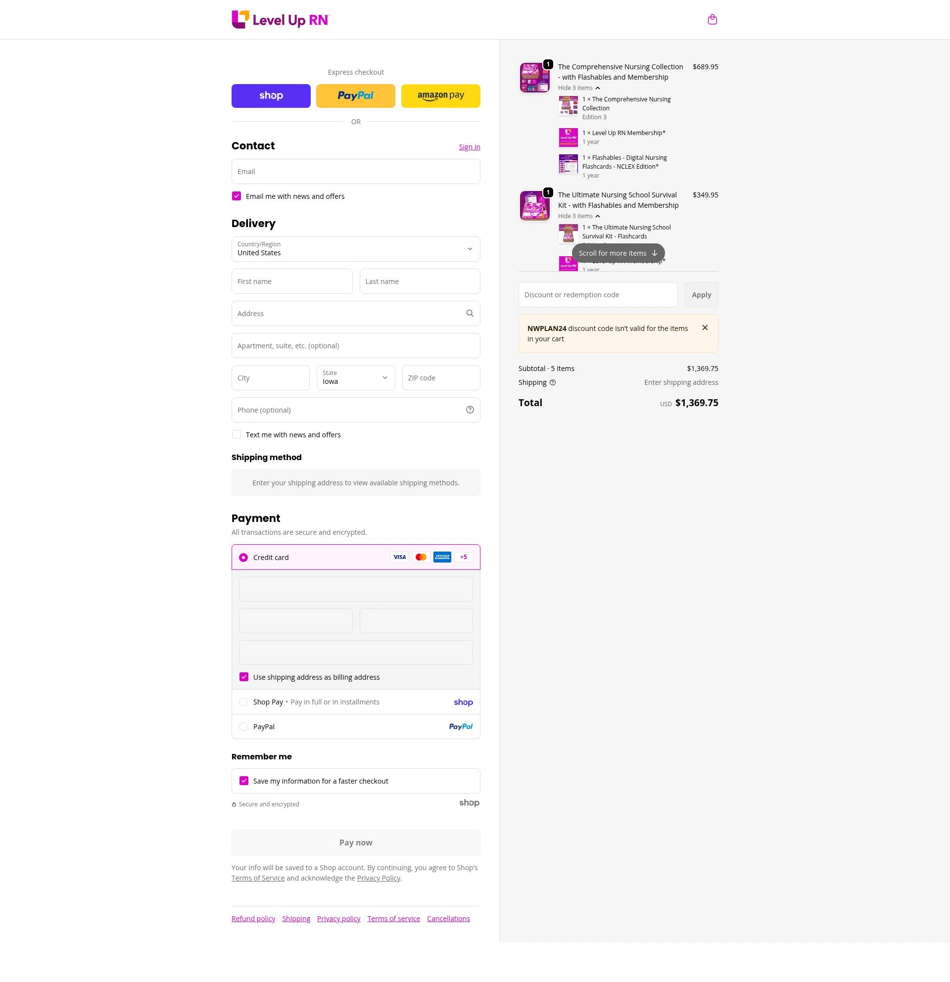 Level Up RN checkout page showing Level Up RN discount code box | Screenshot taken by SimplyCodes community member on Jan 22, 2026