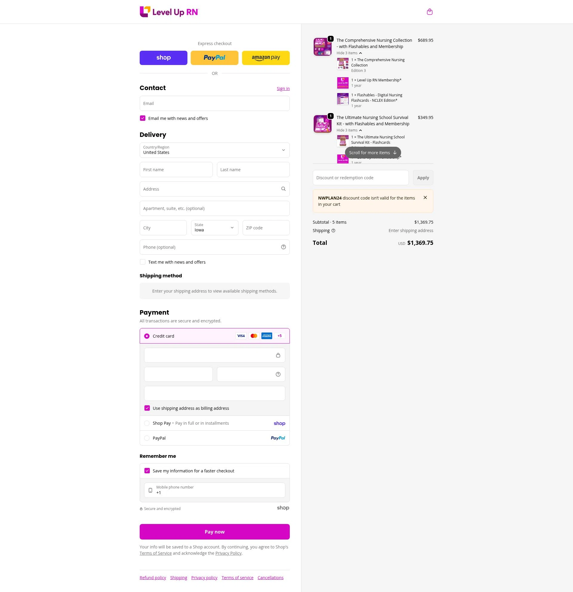 Level Up RN checkout page showing Level Up RN discount code box | Screenshot taken by SimplyCodes community member on Jan 26, 2026