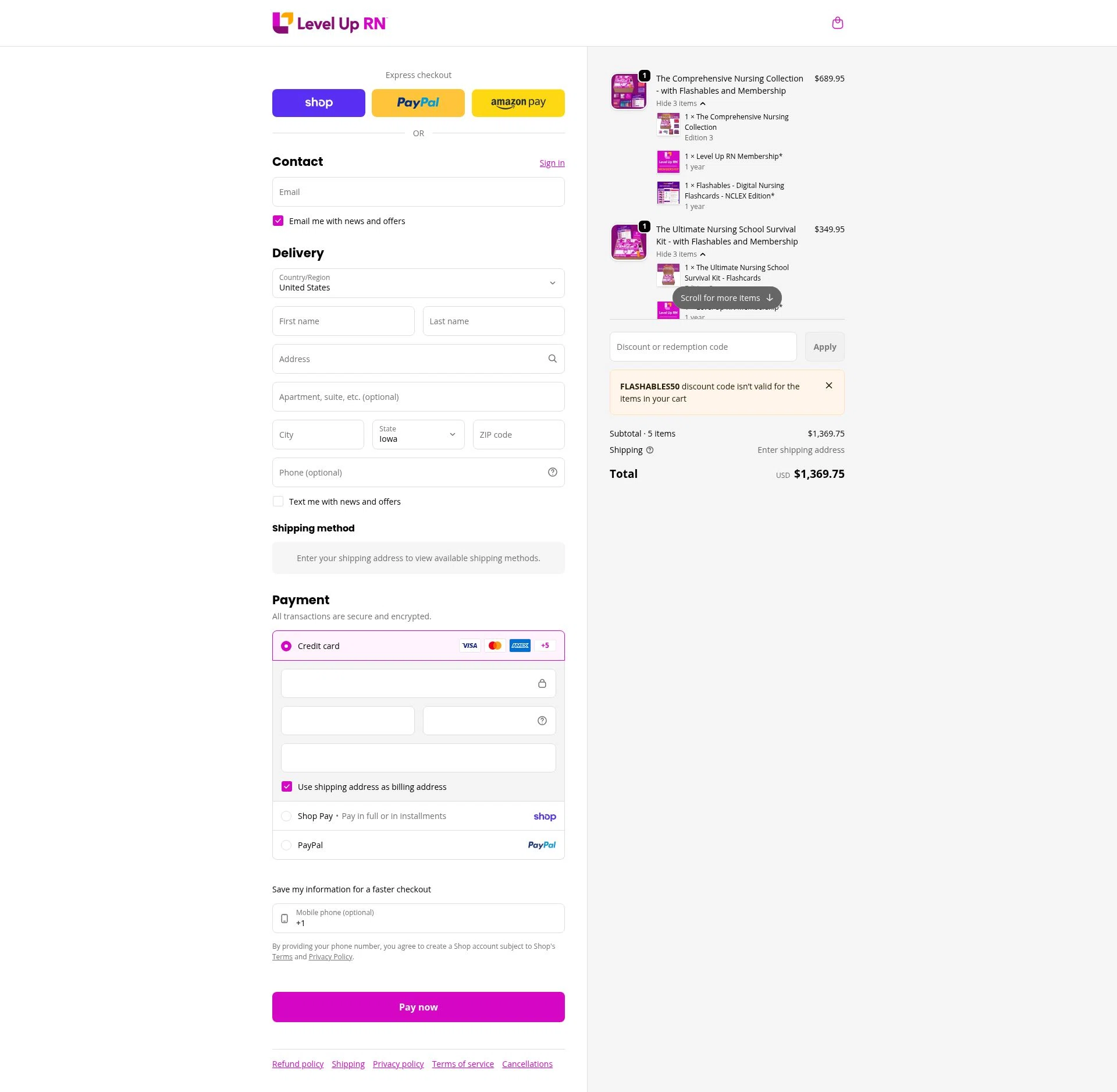 Level Up RN checkout page showing Level Up RN discount code box | Screenshot taken by SimplyCodes community member on Feb 4, 2026