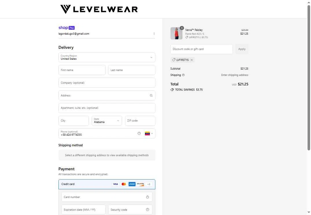 Levelwear checkout page showing Levelwear promo code box | Screenshot taken by SimplyCodes community member on Jul 18, 2025