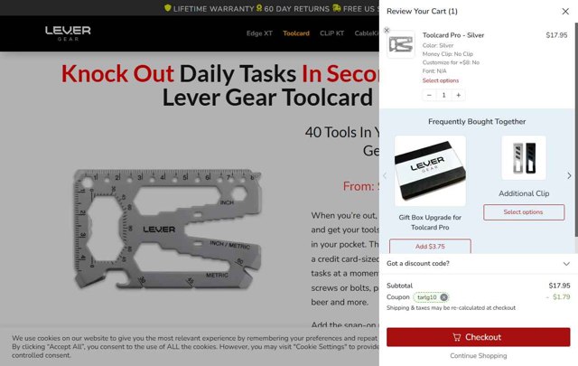 Lever Gear checkout page showing Lever Gear coupon code box | Screenshot taken by SimplyCodes community member on Jul 16, 2025