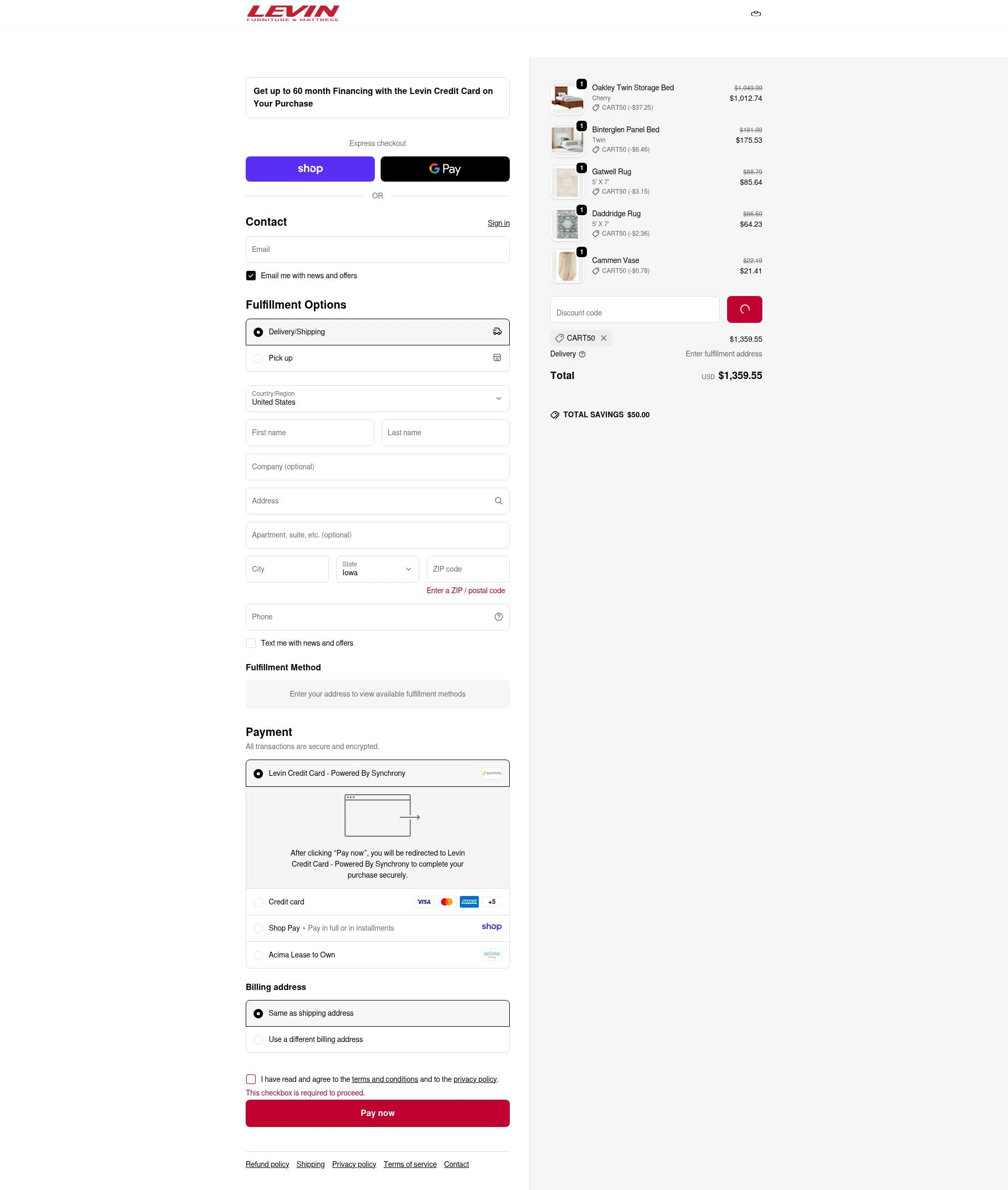Levin Furniture checkout page showing Levin Furniture coupon code box | Screenshot taken by SimplyCodes community member on Dec 28, 2025