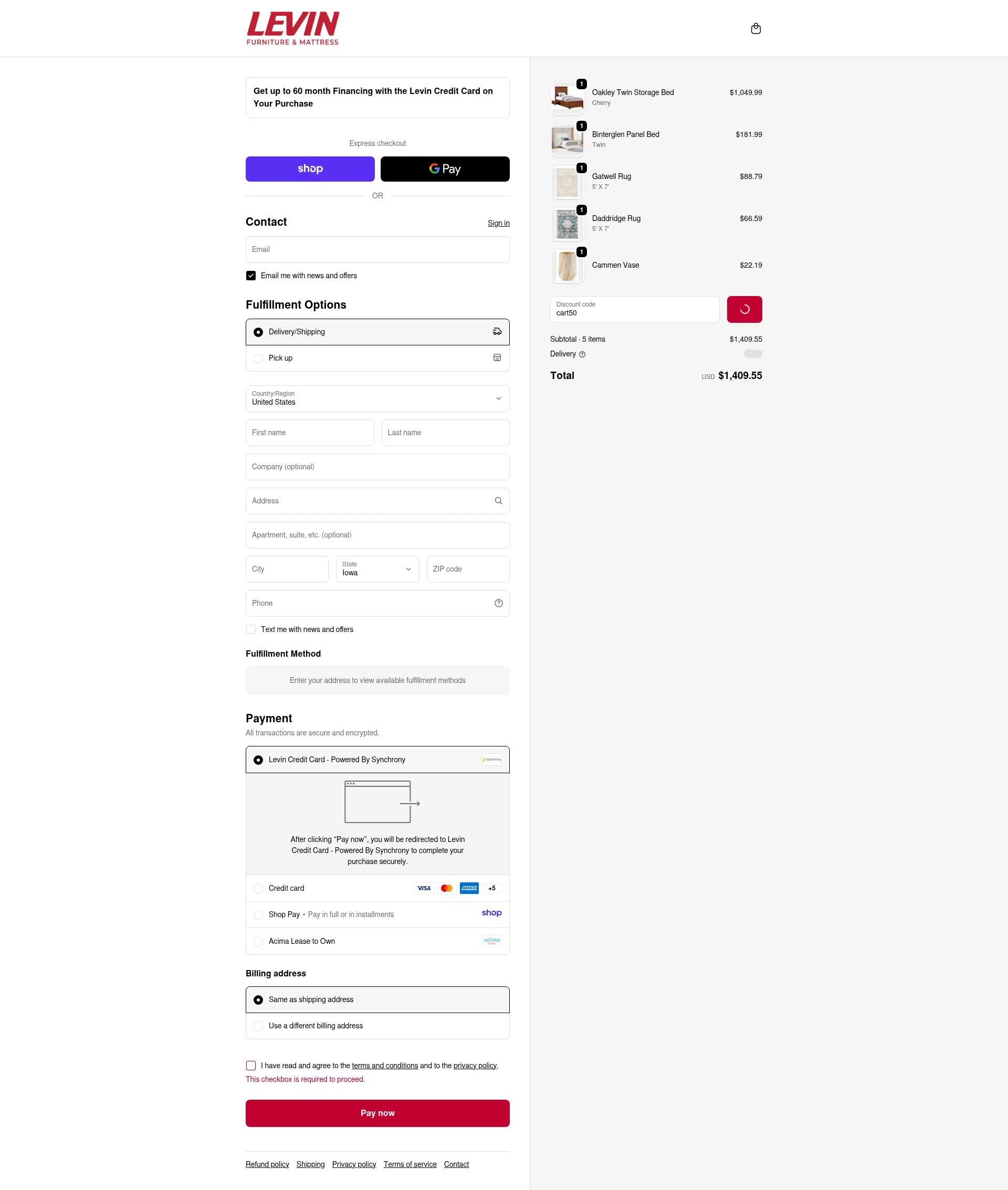 Levin Furniture checkout page showing Levin Furniture coupon code box | Screenshot taken by SimplyCodes community member on Jan 2, 2026