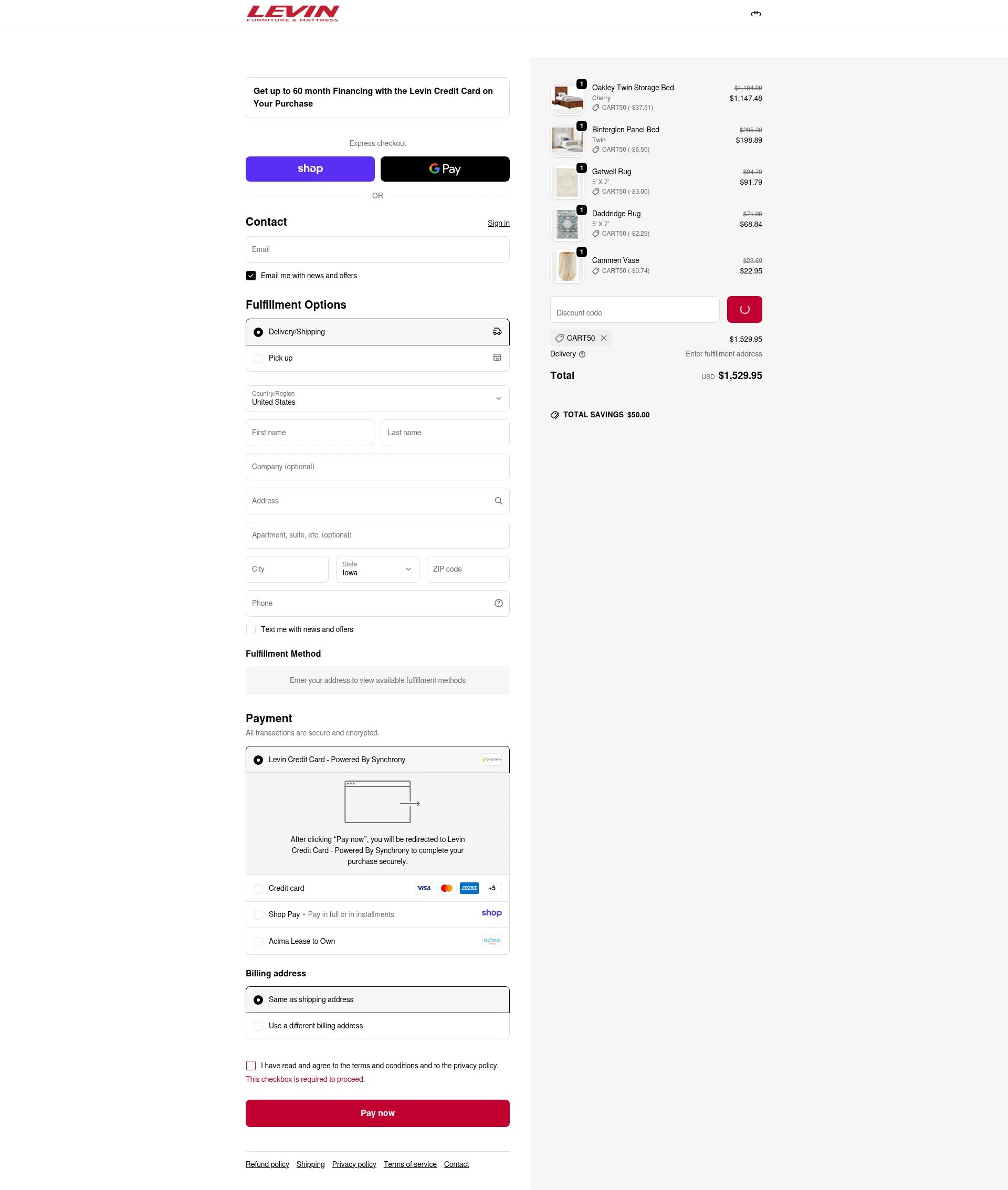 Levin Furniture checkout page showing Levin Furniture coupon code box | Screenshot taken by SimplyCodes community member on Dec 23, 2025