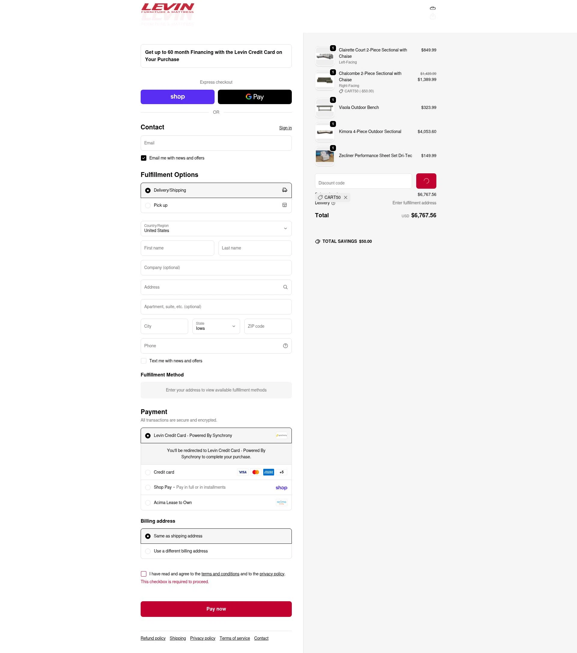 Levin Furniture checkout page showing Levin Furniture coupon code box | Screenshot taken by SimplyCodes community member on Jan 26, 2026