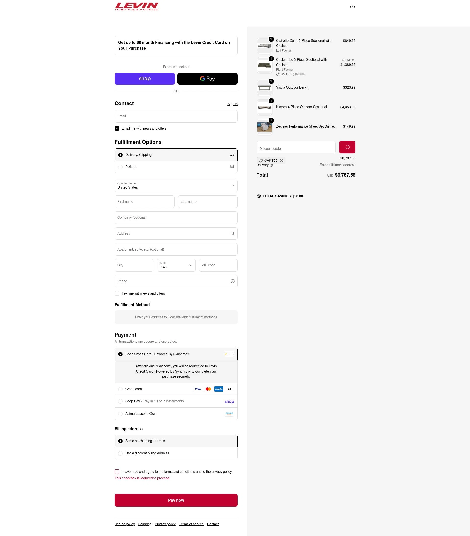 Levin Furniture checkout page showing Levin Furniture coupon code box | Screenshot taken by SimplyCodes community member on Jan 22, 2026