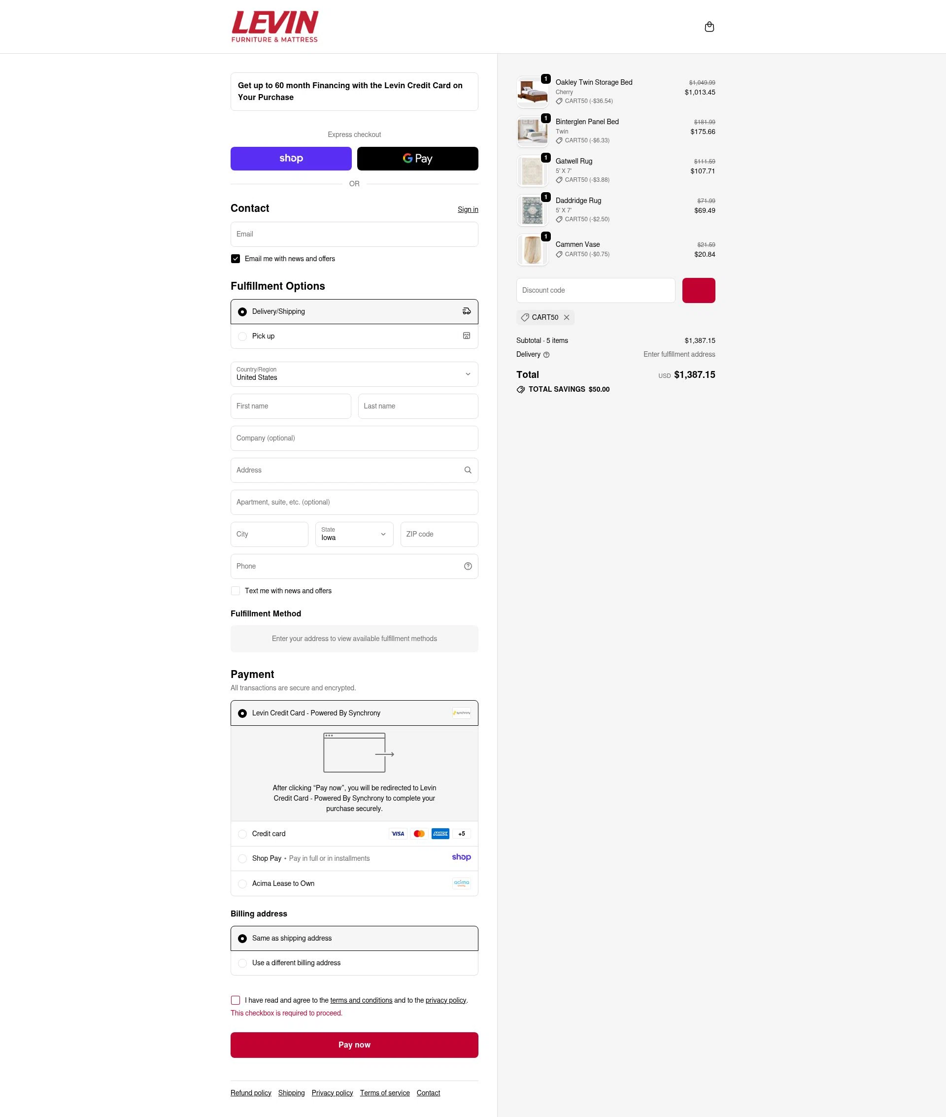 Levin Furniture checkout page showing Levin Furniture coupon code box | Screenshot taken by SimplyCodes community member on Jan 17, 2026