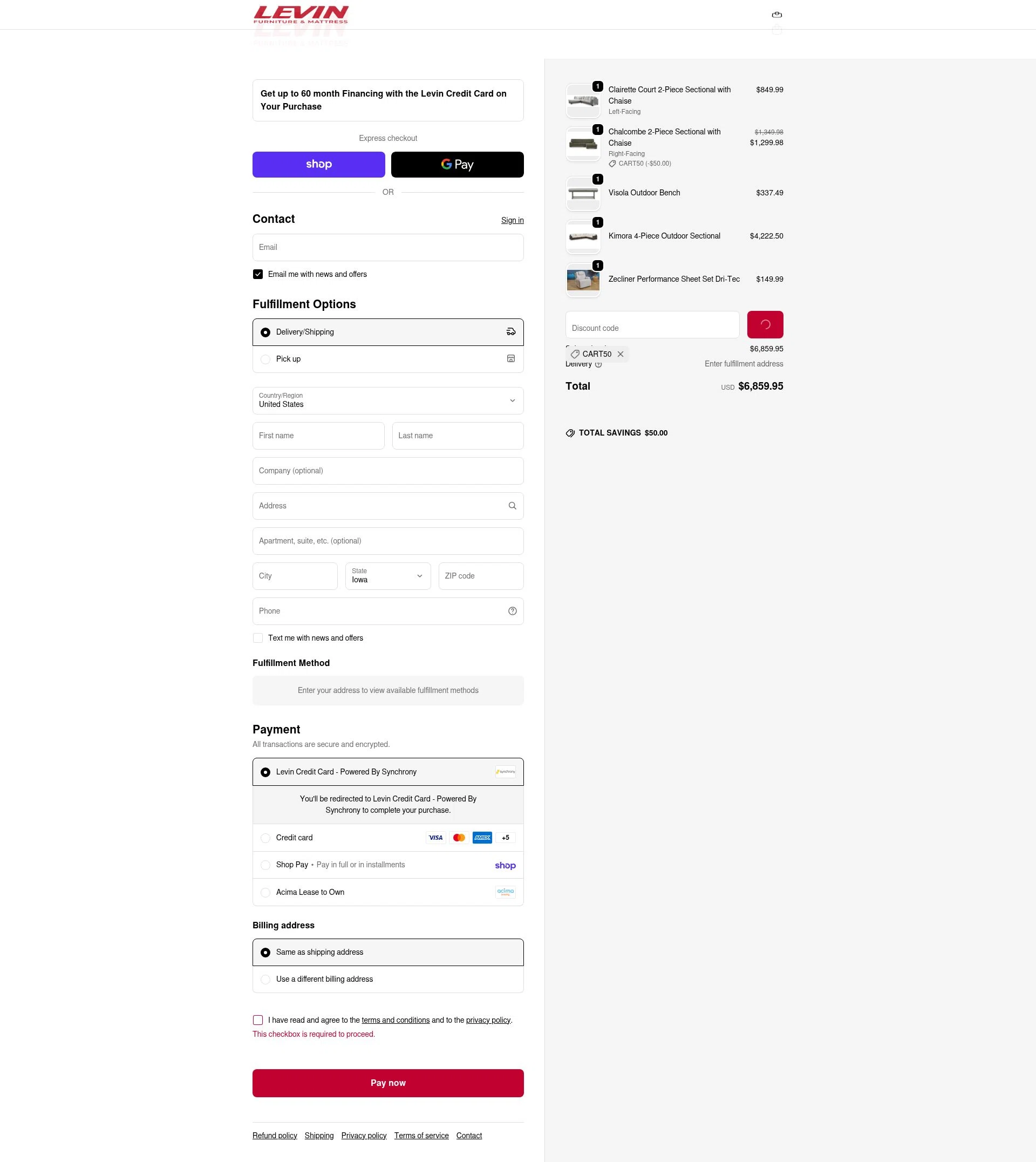 Levin Furniture checkout page showing Levin Furniture coupon code box | Screenshot taken by SimplyCodes community member on Feb 4, 2026