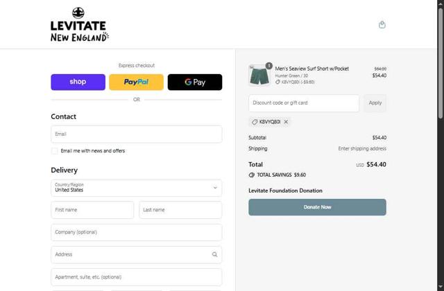 Levitate Clothing checkout page showing Levitate Clothing promo code box | Screenshot taken by SimplyCodes community member on Sep 1, 2025