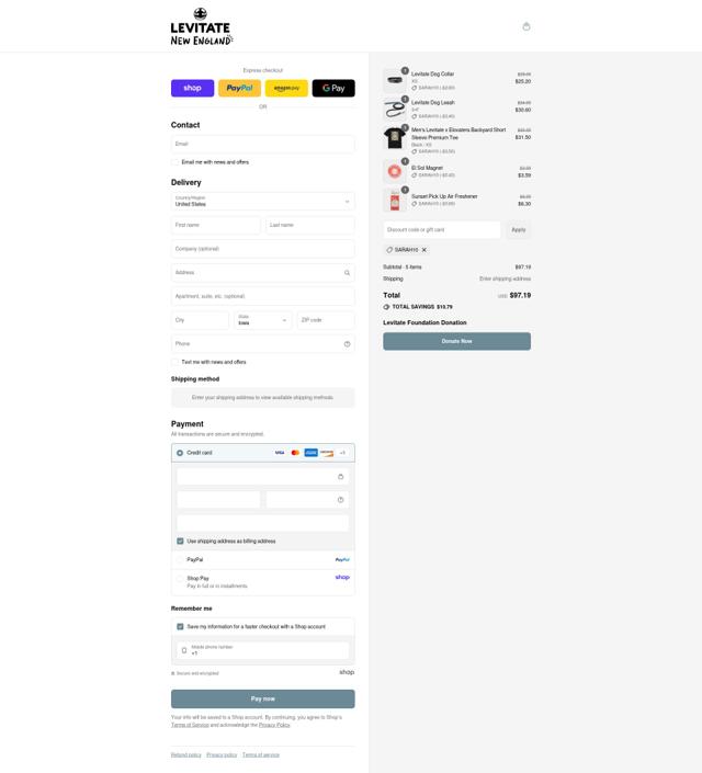 Levitate Clothing checkout page showing Levitate Clothing promo code box | Screenshot taken by SimplyCodes community member on Sep 4, 2025