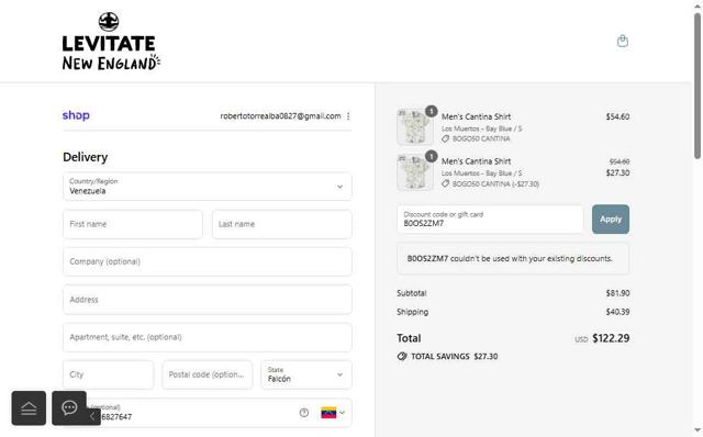 Levitate Clothing checkout page showing Levitate Clothing promo code box | Screenshot taken by SimplyCodes community member on Sep 9, 2025