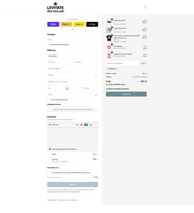 Levitate Clothing checkout page showing Levitate Clothing promo code box | Screenshot taken by SimplyCodes community member on Aug 31, 2025