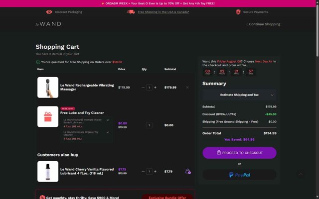 Le Wand checkout page showing Le Wand discount code box | Screenshot taken by SimplyCodes community member on Aug 7, 2025