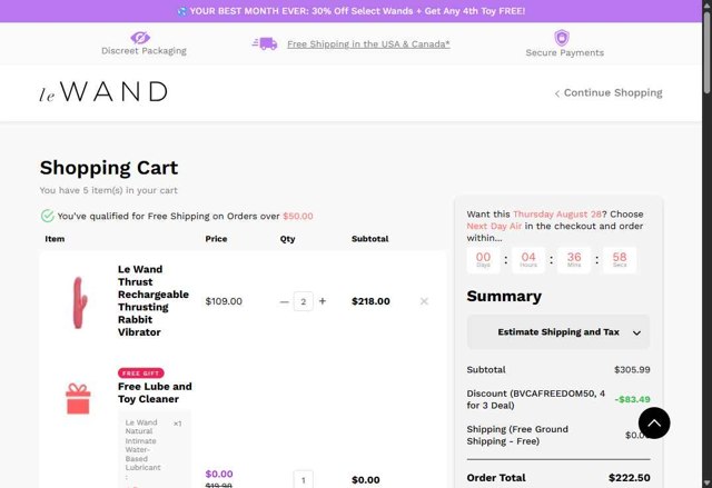 Le Wand checkout page showing Le Wand discount code box | Screenshot taken by SimplyCodes community member on Aug 27, 2025