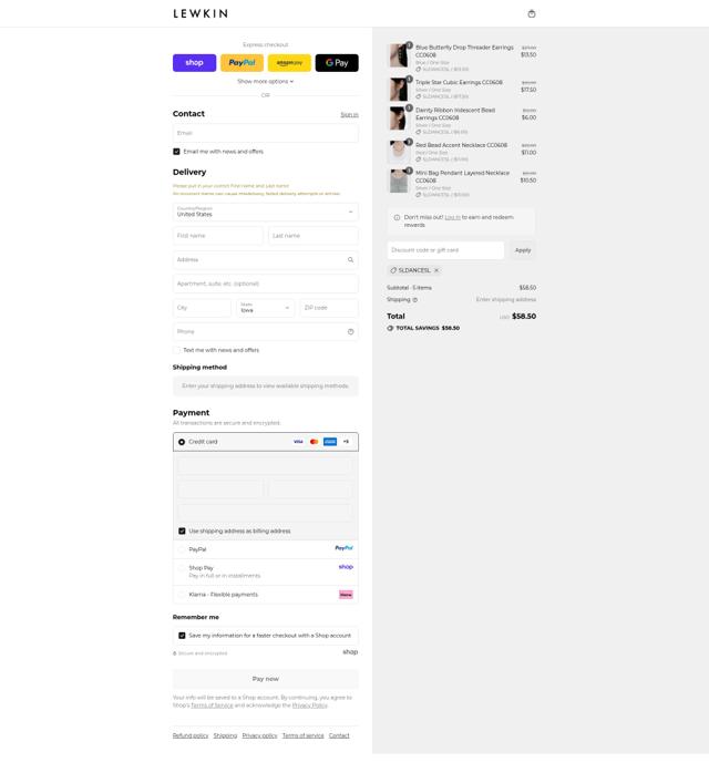 Lewkin checkout page showing Lewkin discount code box | Screenshot taken by SimplyCodes community member on Sep 13, 2025