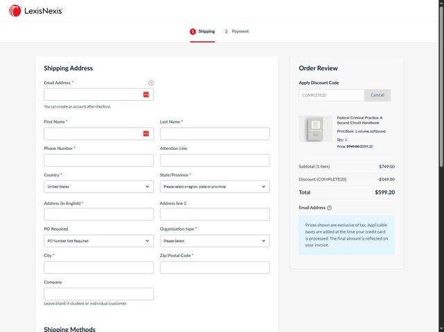 LexisNexis checkout page showing LexisNexis coupon code box | Screenshot taken by SimplyCodes community member on Aug 27, 2025