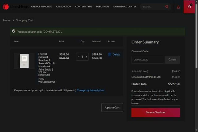 LexisNexis checkout page showing LexisNexis coupon code box | Screenshot taken by SimplyCodes community member on Sep 2, 2025