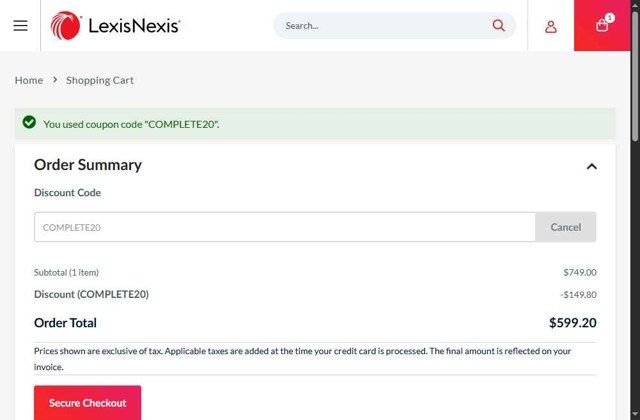 LexisNexis checkout page showing LexisNexis coupon code box | Screenshot taken by SimplyCodes community member on Aug 14, 2025