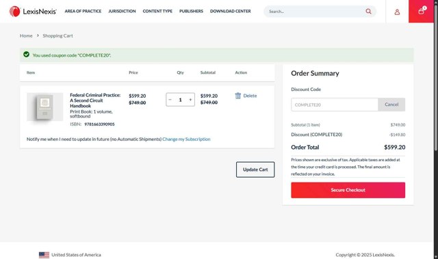 LexisNexis checkout page showing LexisNexis coupon code box | Screenshot taken by SimplyCodes community member on Aug 18, 2025