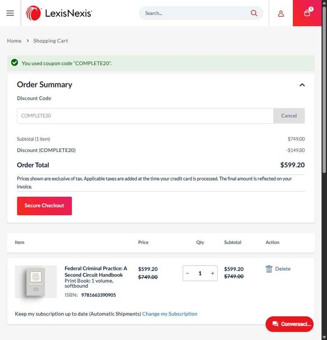 LexisNexis checkout page showing LexisNexis coupon code box | Screenshot taken by SimplyCodes community member on Aug 24, 2025