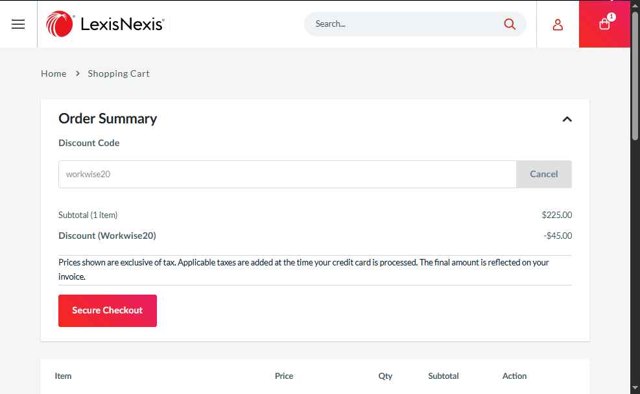 LexisNexis checkout page showing LexisNexis coupon code box | Screenshot taken by SimplyCodes community member on Sep 2, 2025