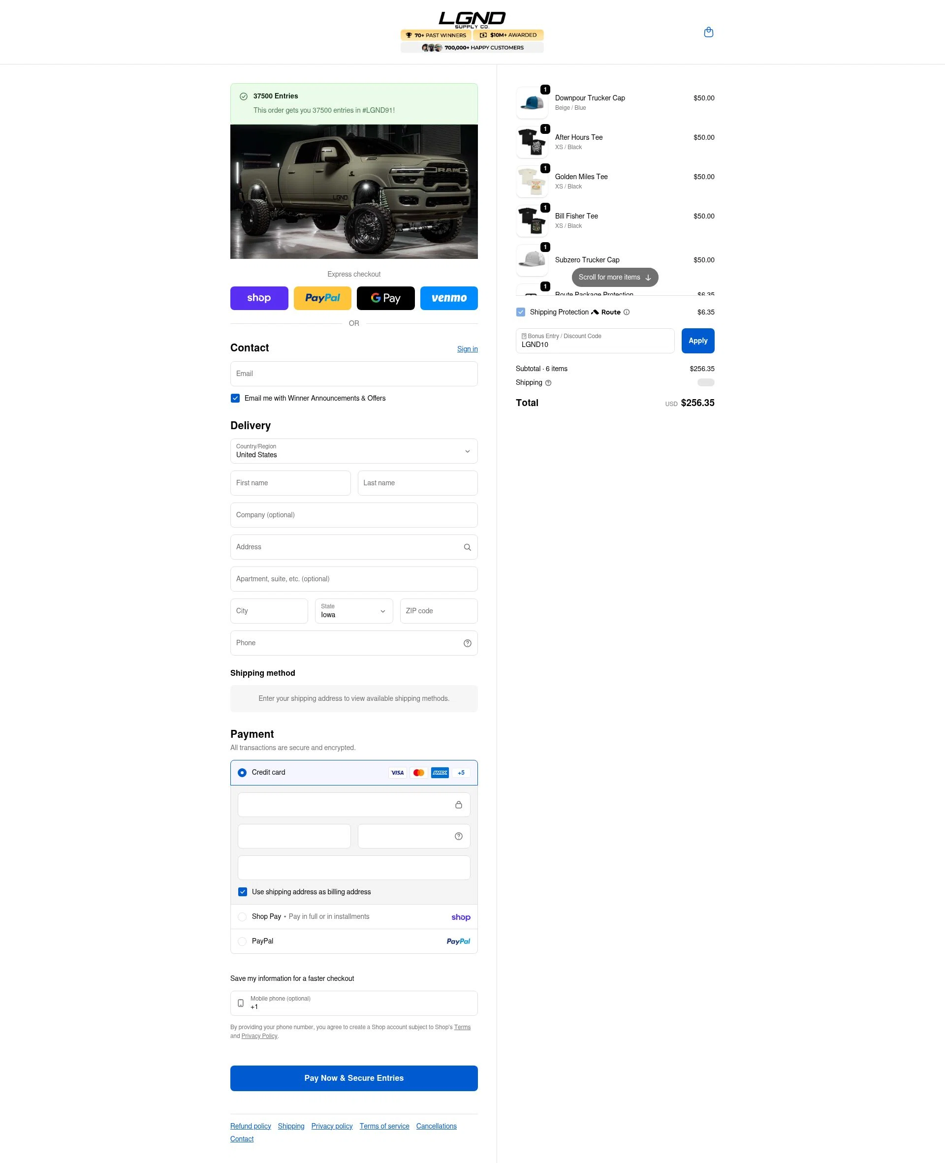 LGND Supply Co. checkout page showing LGND Supply Co. discount code box | Screenshot taken by SimplyCodes community member on Feb 17, 2026