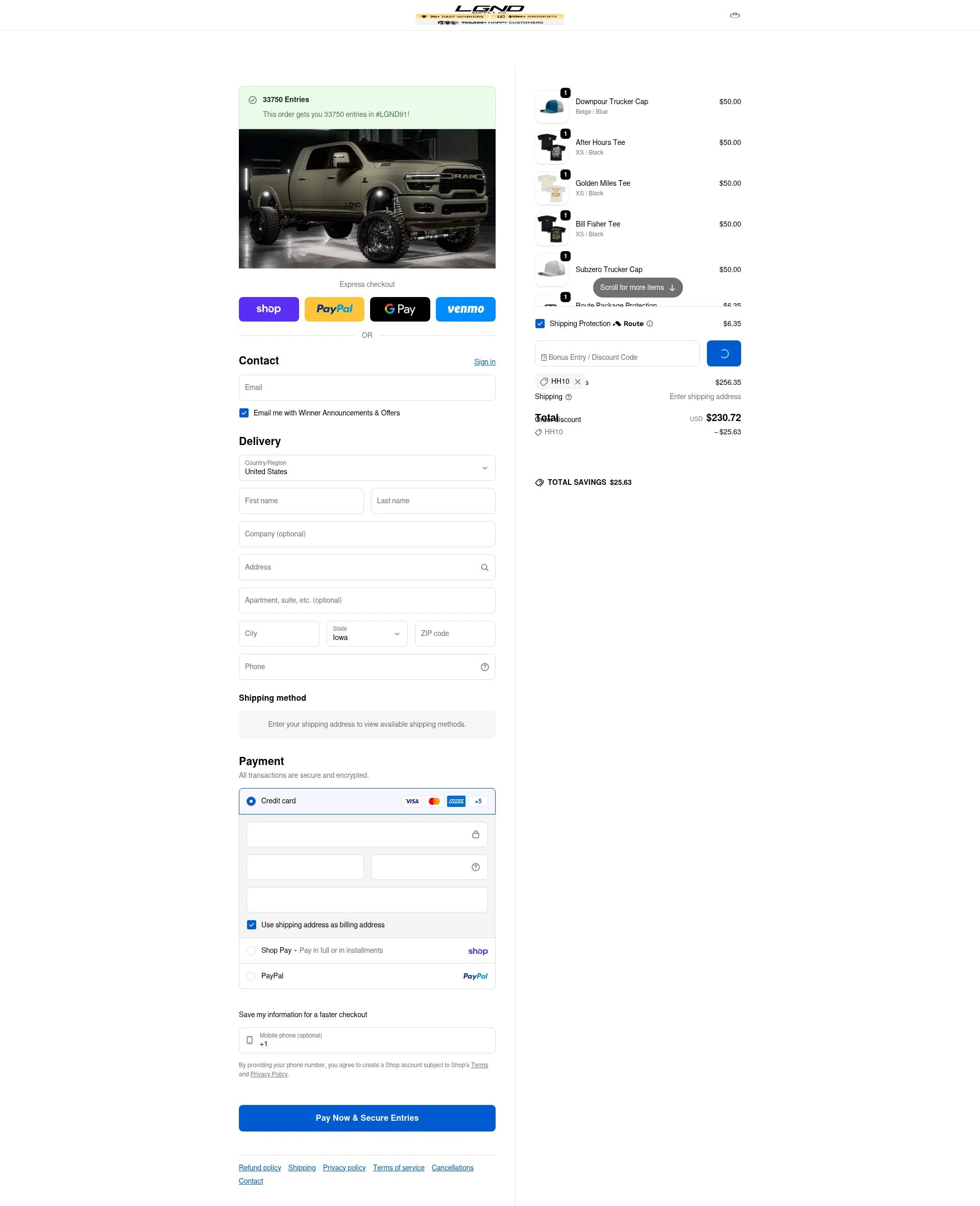 LGND Supply Co. checkout page showing LGND Supply Co. discount code box | Screenshot taken by SimplyCodes community member on Feb 17, 2026