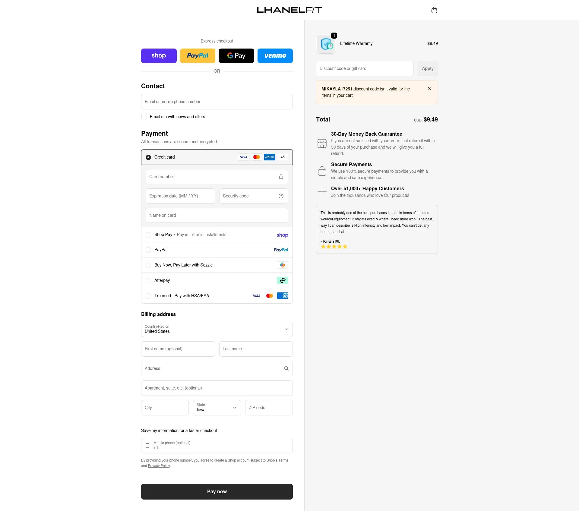 LhanelFit checkout page showing LhanelFit promo code box | Screenshot taken by SimplyCodes community member on Feb 12, 2026