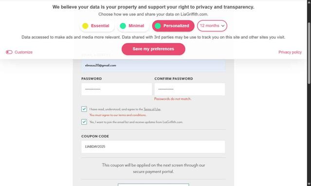 Lia Griffith checkout page showing Lia Griffith coupon code box | Screenshot taken by SimplyCodes community member on Jun 12, 2025