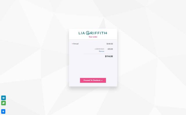 Lia Griffith checkout page showing Lia Griffith coupon code box | Screenshot taken by SimplyCodes community member on May 14, 2025