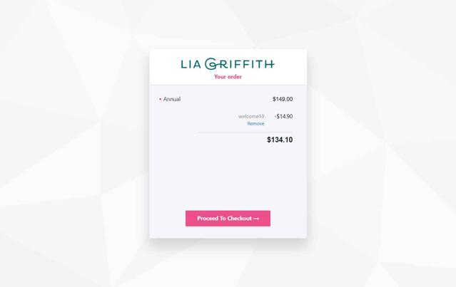 Lia Griffith checkout page showing Lia Griffith coupon code box | Screenshot taken by SimplyCodes community member on Jul 3, 2025