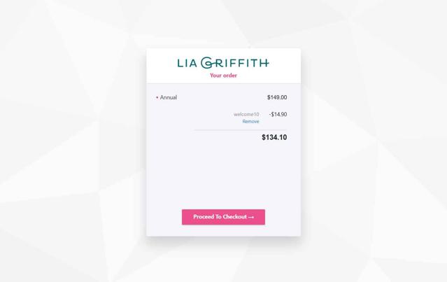 Lia Griffith checkout page showing Lia Griffith coupon code box | Screenshot taken by SimplyCodes community member on Apr 22, 2025